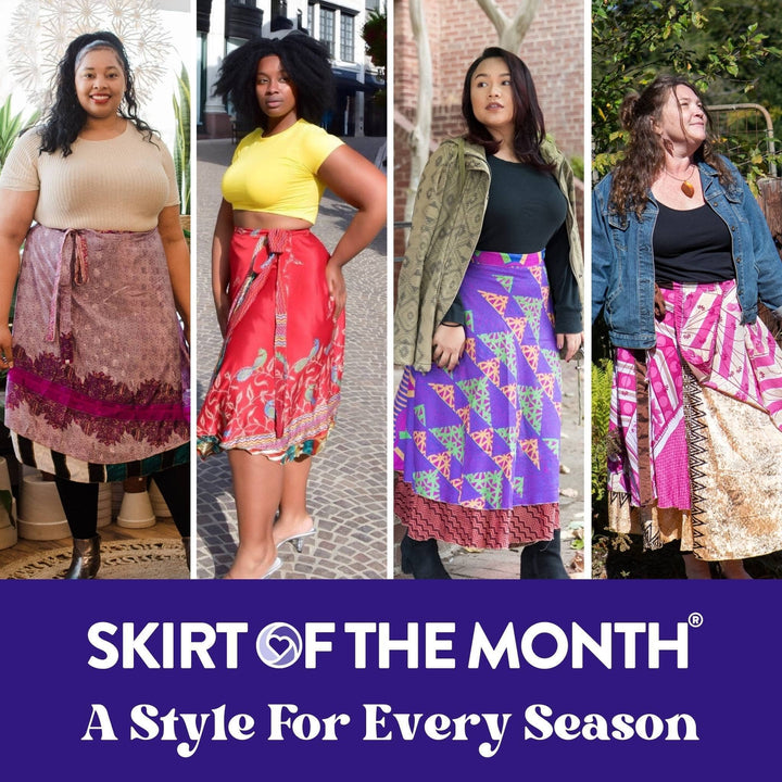 4 models wearing sari wrap skirts in various lengths. The bottom of the picture says Skirt of the Month, a style for every season. 