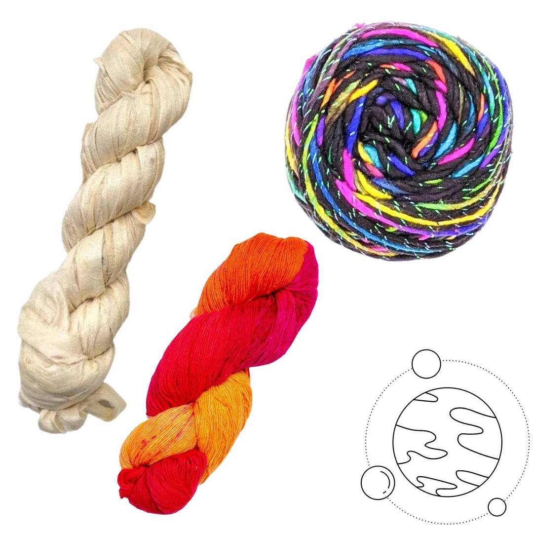 Jupiter solar system yarn pack in front of a white background with black graphic in lower right. Lace weight silk color surge, sparkle worsted weight sunset lover, sari silk ribbon yarn vintage ivory.