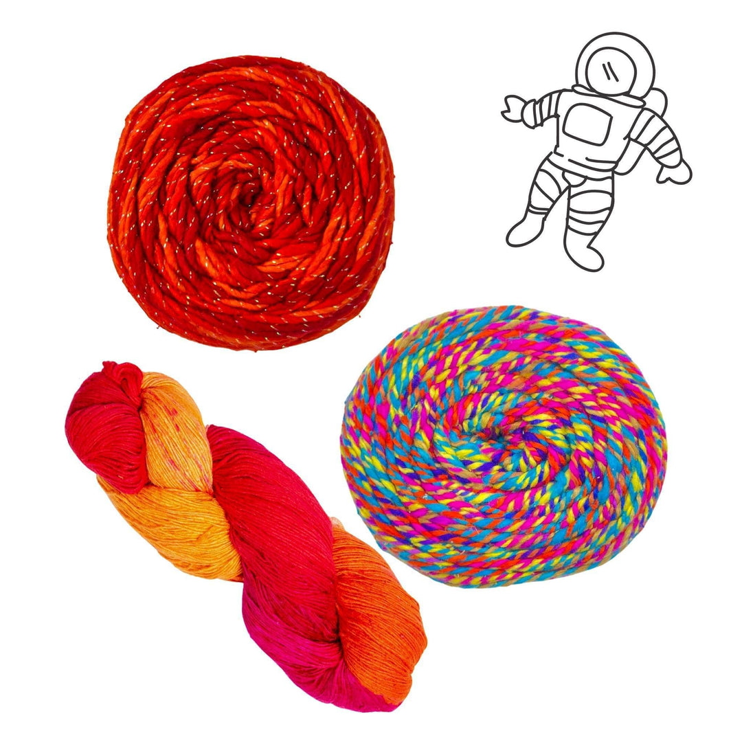 Mars solar system yarn pack in front of a white background with black graphic in upper right. Lace weight silk color surge, darn good twist Dragon's tail and sparkle worsted weight silk phoenix rising.