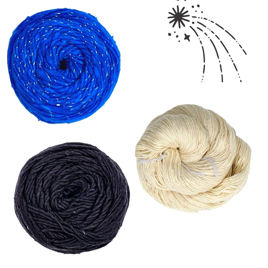 mercury solar system yarn pack in front of a white background with black graphic in upper right. Lace Weight Silk Yarn white and dyeable, silk roving worsted weight Black, and sparkle worsted weight Classic Blue.