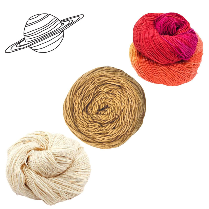 saturn yarn pack with all items showing in front of a white background with black line graphic of Saturn in top left corner. lace weight silk yarn color surge, sparkle white and Dk weight silk yarn Indian kino.