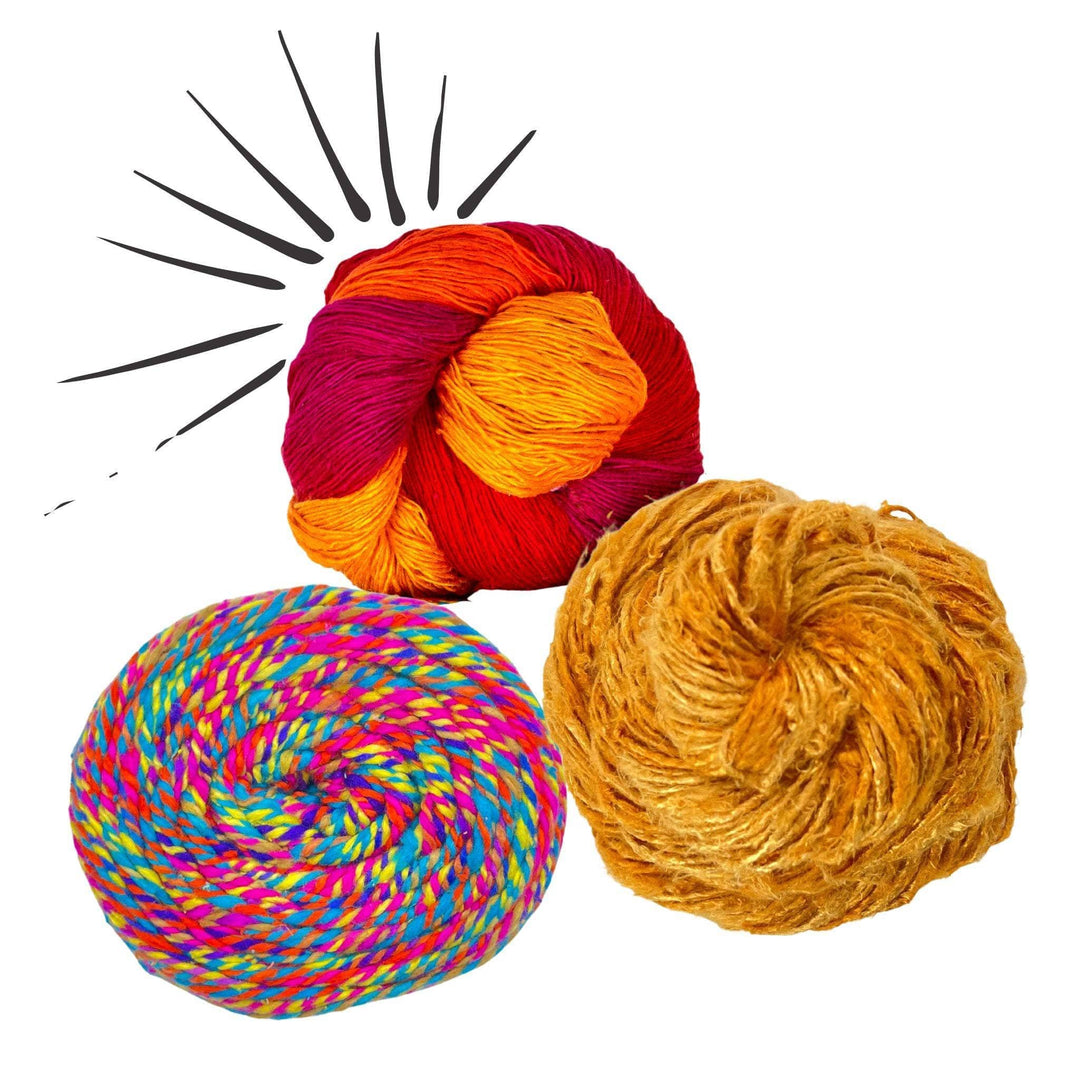 sun solar system yarn pack in front of a white background with black graphic in upper left. Lace weight silk color surge, darn good twist Dragon's tail and banana fiber yarn neon yellow.