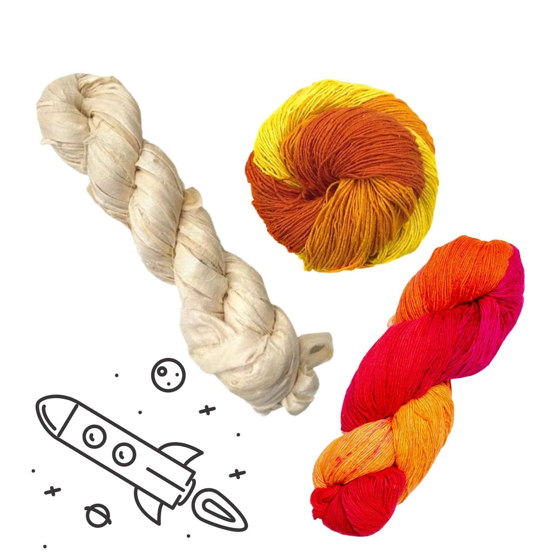 venus solar system yarn pack in front of a white background with black graphic in lower left. Lace weight silk color surge, ombre recycled silk orange, and sari silk ribbon yarn vintage ivory.