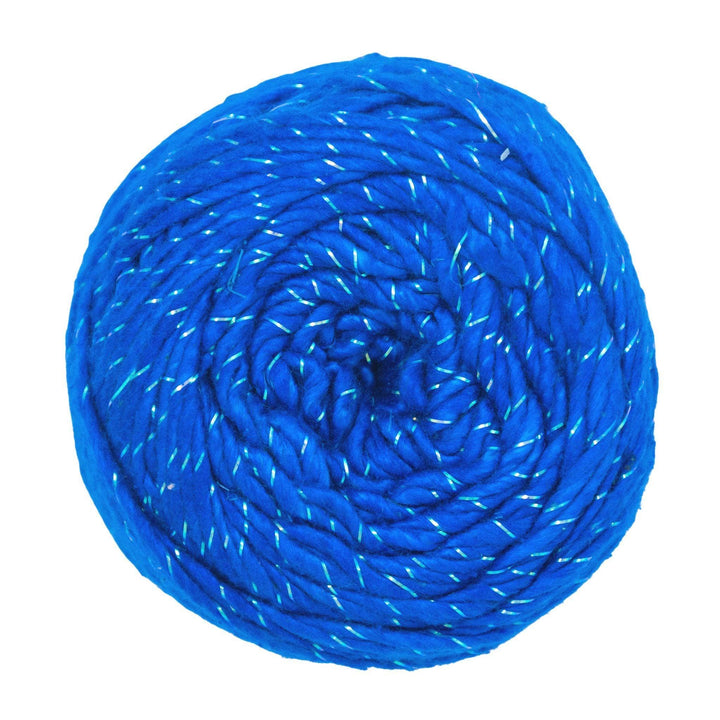 sparkle worsted weight roving silk yarn in vibrant true blue colorway in front of a white background.