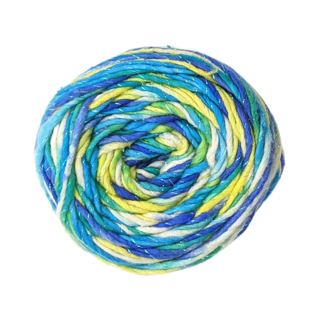 Sparkle worsted weight roving silk yarn in light blue, dark blue, white, yellow variegated colorway.