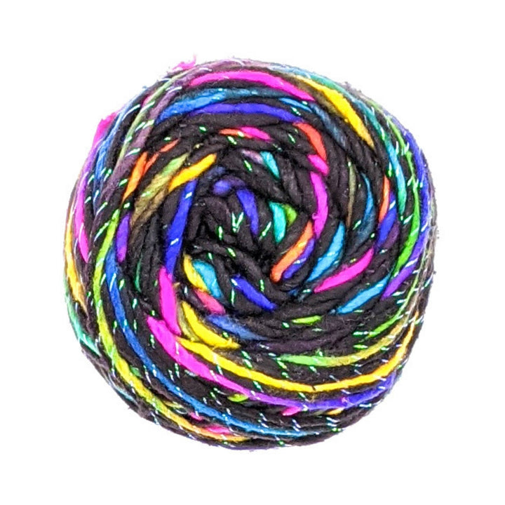 Sparkle worsted weight roving silk yarn in black and rainbow (bright purple, pink, blue, green, yellow) variegated colorway.