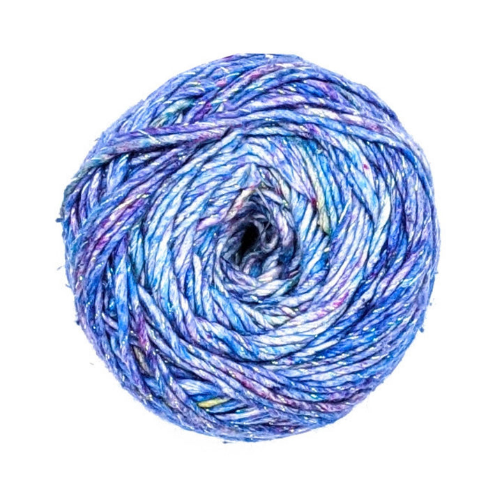 sparkle worsted weight roving silk yarn in light blue, purple, yellow tonal colorway.