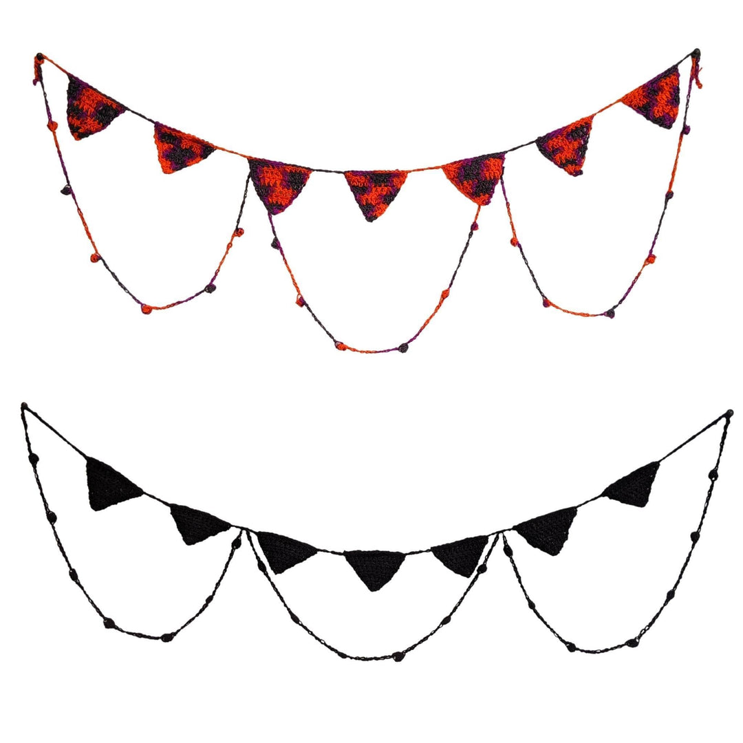 2 spooky chic crochet bunting banners in front of a white background. Top is festive cheer, bottom is black.