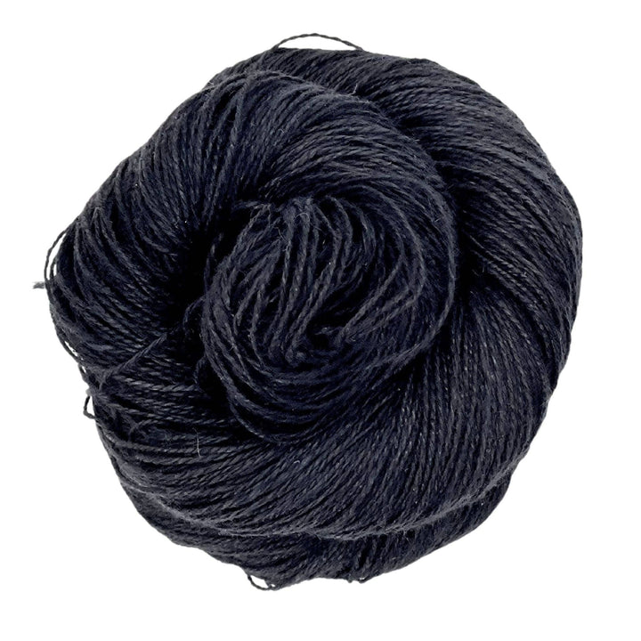 A skein of sport weight 2-Ply Linen Yarn in the colorway "Black" on a white background.