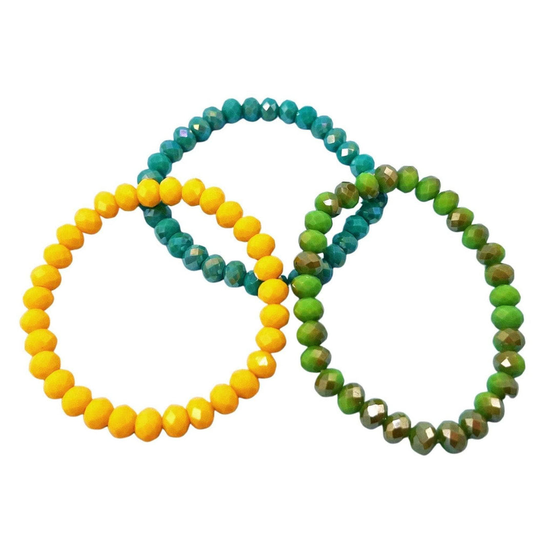 3 pack of stackable beaded bracelets in lagoon yellow, teel and light green with multitonal beads