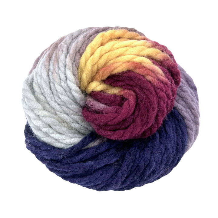 Multi colored bulky yarn on a white background