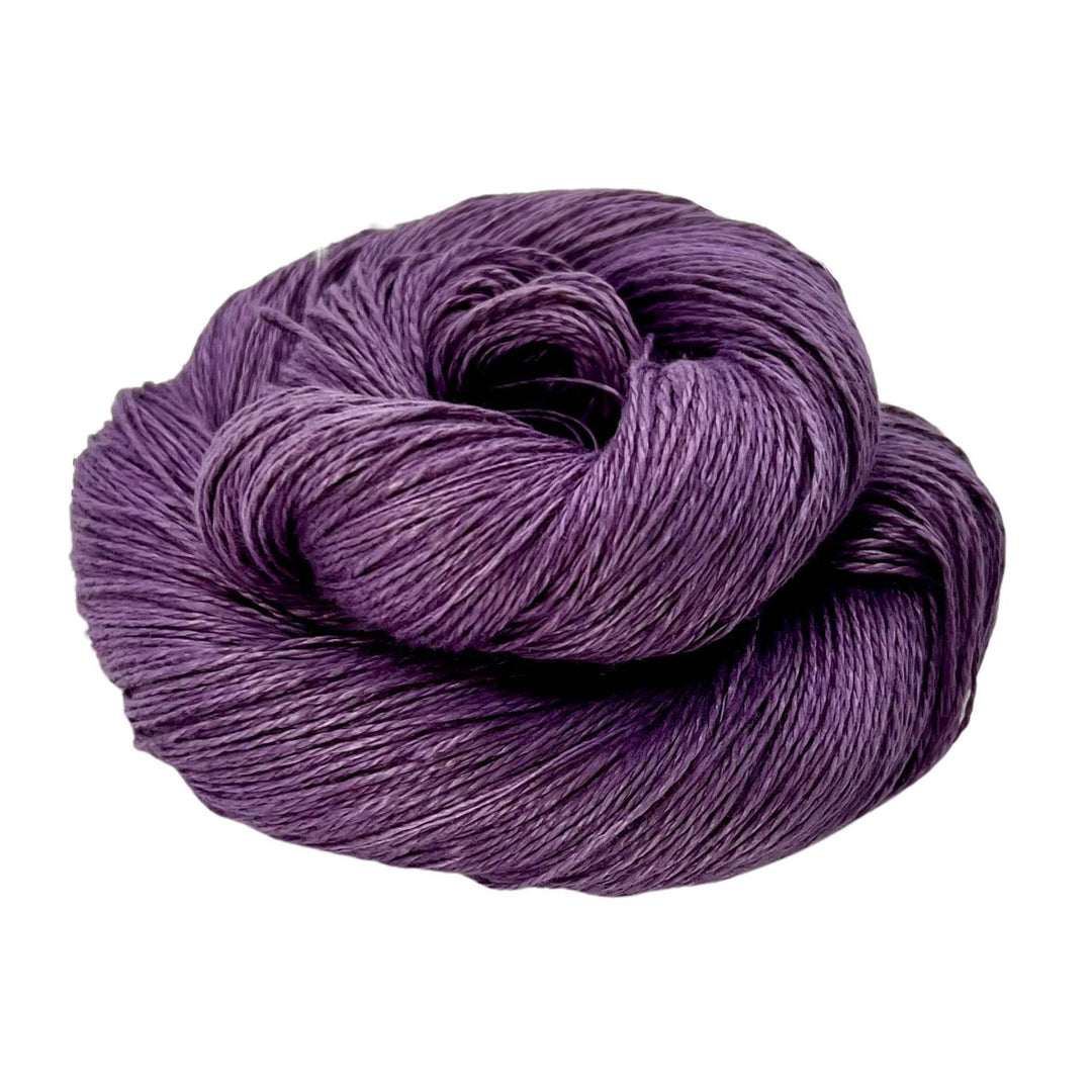 Sport weight linen 2-ply yarn ball in Purple on a white background