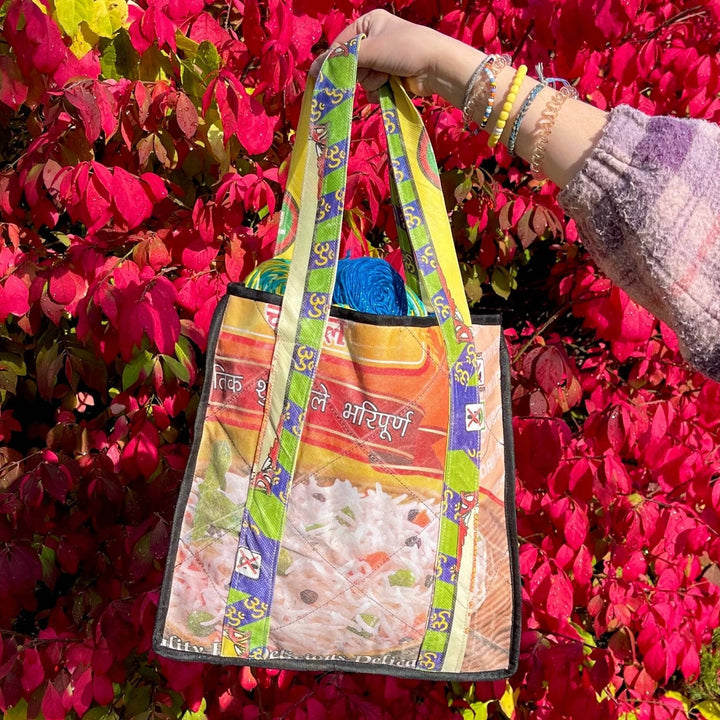 Reclaimed Rice bag, farmers market bag with red leaves in the background