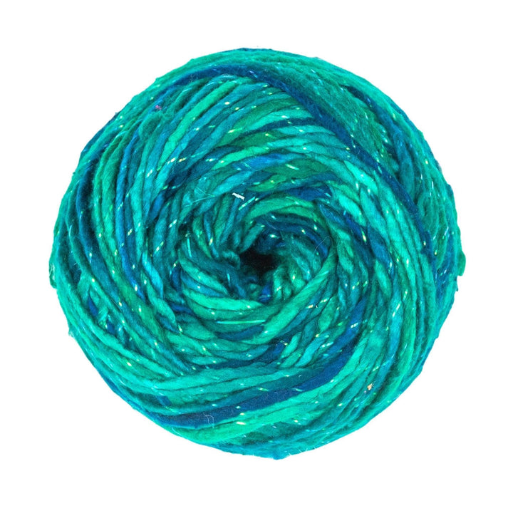 skein of light green, dark green variegated worsted weight sparkle roving silk yarn in front of a white background.