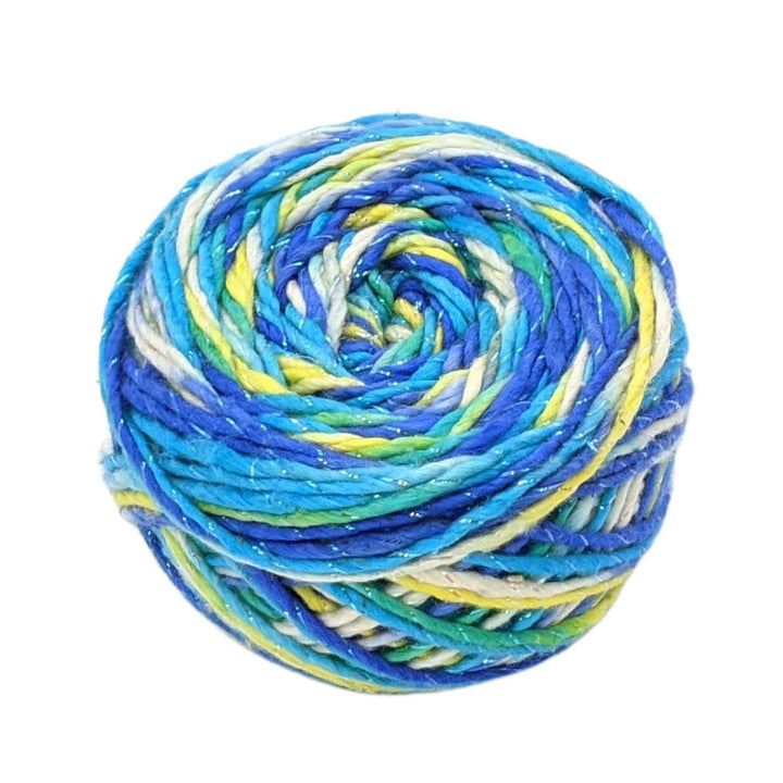 sparkle worsted weight silk in light blue, dark blue, yellow, and white variegated.