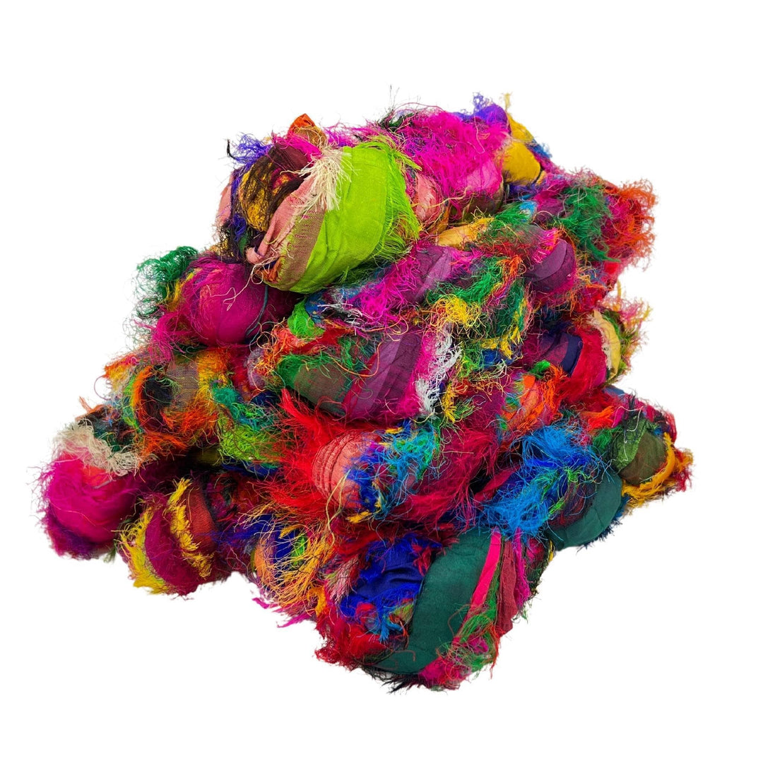 Bulk Yarn 10 pack bundle of reclaimed  sari silk ribbon yarn in "Tibet Jewels", a deep green, purple, pink, and blue jewel toned yarn.