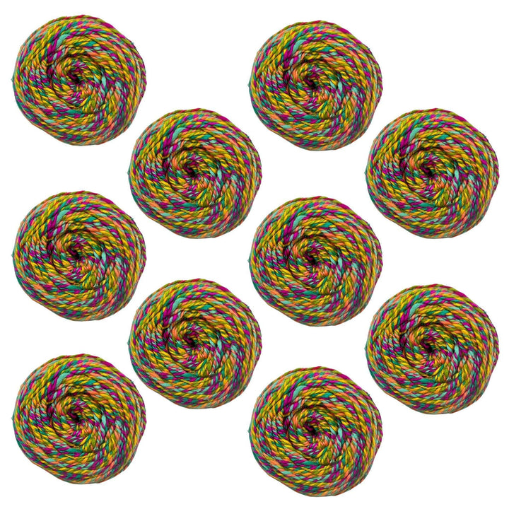 Bulk yarn 10 pack bundle of Darn Good Twist Sport Weight SIlk Yarn in "Modern Havest.: Includes yellow, light blue, and violet shades.