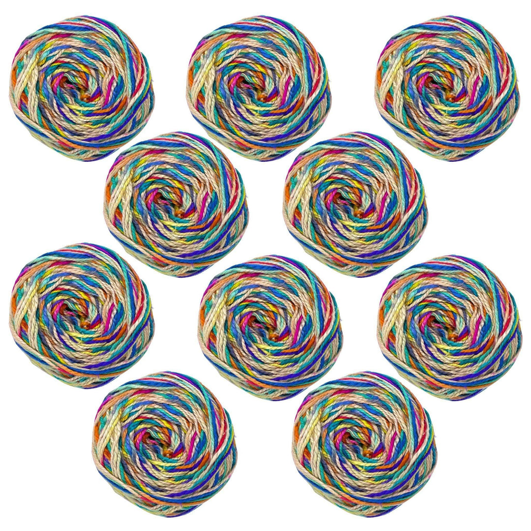 10 pack bulk yarrn bundle of Journey Sport Weight Recycled Silk Yarn in "Fireworks": Colorway includes cream, dark blue, light blue, pink, red, and yellow.