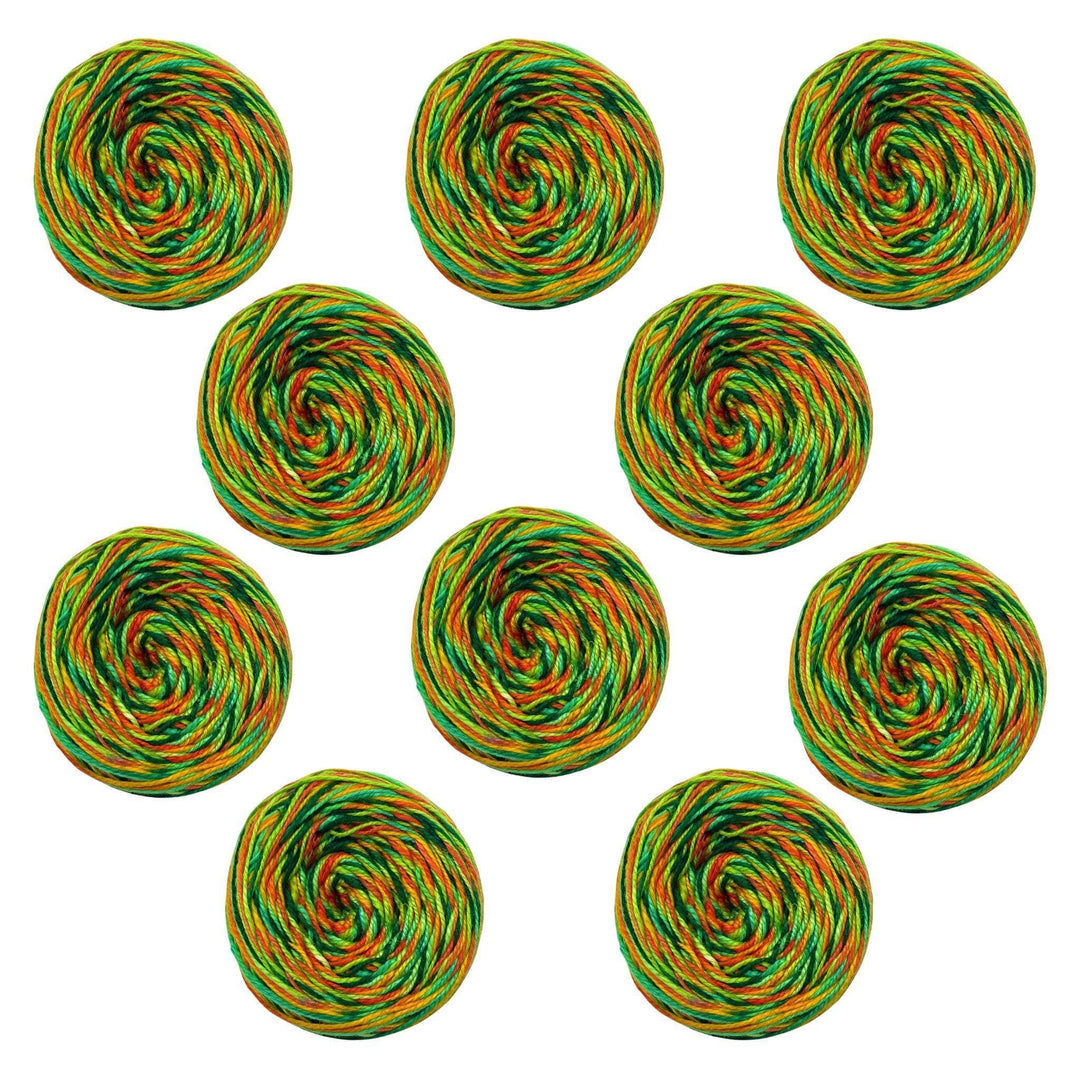 Bulk yarn 10 pack bundle of Journey Recycled Silk Sport Weight Yarn in "Unbe-leaf-able"." Inclues Green, orange, and yellow shades.