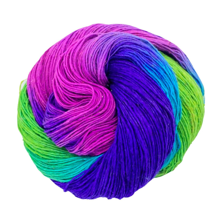 Lace Weight Silk Yarn in color vibrant peacock on a white backdrop. 