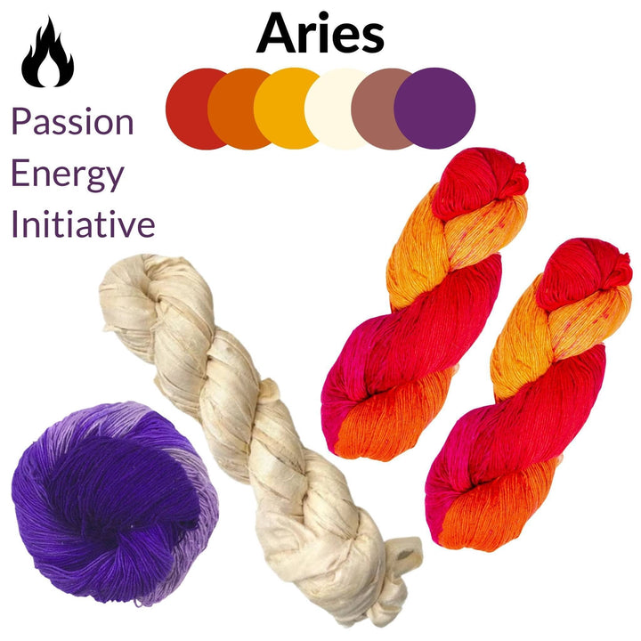 Aries zodiac pack in front of a white background. Zodiac name and color pallet at top center, symbol and attributes at top left. 4 skeins of yarn: Ombre sport weight purple, sari silk ribbon vintage ivory and 2 x lace weight silk color surge.