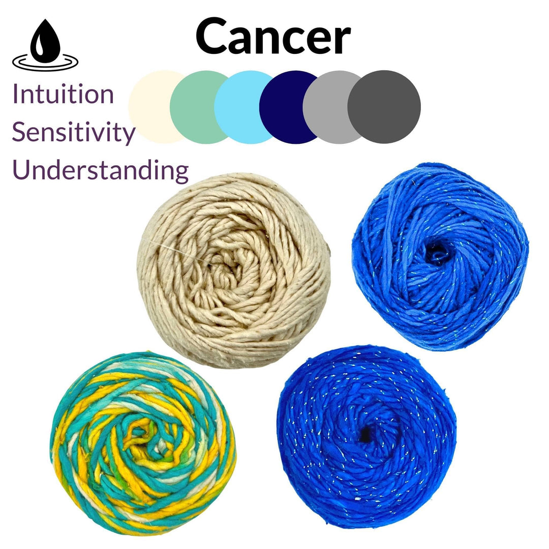 Cancer yarn pack in front of a white background. Top left has graphic of water drop with text that reads "Intuition, Sensitivity, Understanding." Center top reads "Cancer" with Cancer color circles below. 4 skeins of yarn; Ssilk roving worsted weight ocean light, dandelion poof, and 2 skeins classic blue.