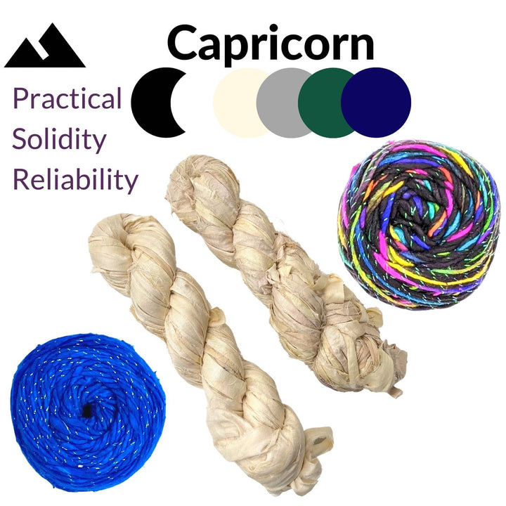 Capricorn zodiac pack in front of a white background. Zodiac name and color pallet at top center, symbol and attributes at top left. 4 skeins of yarn: Sparkle worsted weight silk classic blue, sunset lovers, and 2 x sari silk ribbon yarn vintage ivory.