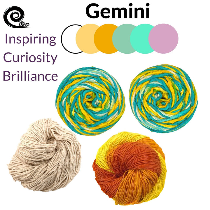 Gemini yarn pack in front of a white background. Top left has graphic of wind with text which reads "inspiring, curiosity, brilliance." Top center reads "Gemini" with gemini color circles below. 4 skeins of yarn; ombre lace weight orange, silk roving worsted weight dandelion poof, 2 skeins ocean light.