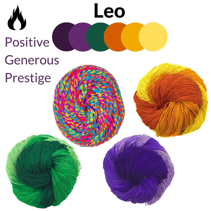 Leo Yarn Pack in front of a white background. Top left is graphic of fire with the text "positive, generous, prestige." Top center reads "Leo" with Leo color circles below. 4 skeins of yarn; Darn Good Twist Dragon's tail, ombre lace weight silk orange, purple, and green.