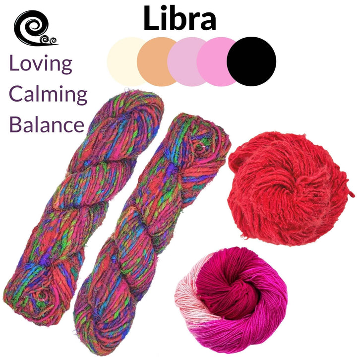 Libra zodiac pack in front of a white background. Zodiac name and color pallet at top center, symbol and attributes at top left. 4 skeins of yarn: Ombre sport weight pink, 2 x Premium sari silk handspun, and banana fiber yarn fuchsia.