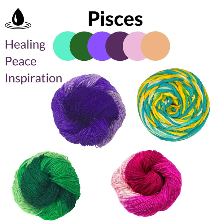 Pisces yarn pack in front of a white background. Top left is water symbol and text "Healing, Peace, Inspiration" Text "Pisces" at center top with pisces color circles below. 4 skeins of yarn, ombre purple lace weight, ombre green lace weight, ombre pink lace weight, ocean light worsted weight.