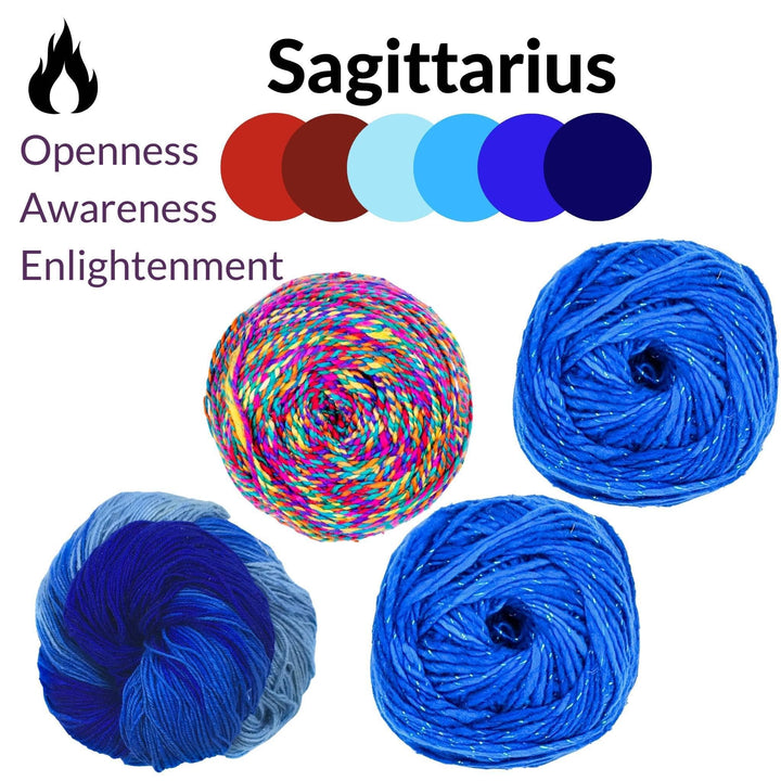 Sagittarius zodiac pack in front of a white background. Zodiac name and color pallet at top center, symbol and attributes at top left. 4 skeins of yarn: darn good twist twisting rainbows, Recycled Silk Ombre Blue, and 2 x sparkle worsted weight silk classic blue.
