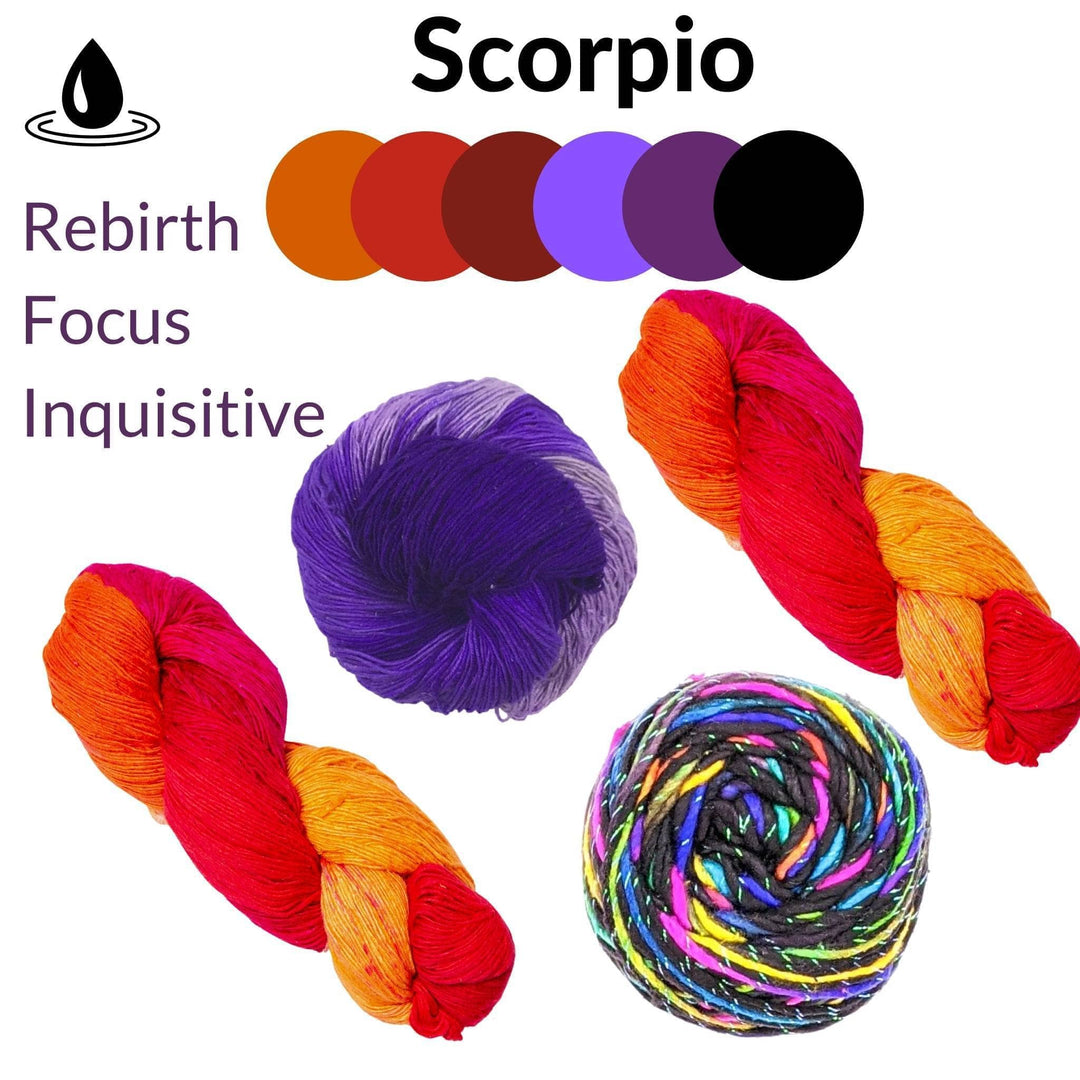 Scorpio zodiac pack in front of a white background. Zodiac name and color pallet at top center, symbol and attributes at top left. 4 skeins of yarn: Ombre sport weight purple, sparkle worsted weight silk sunset lovers, and 2 x lace weight silk color surge.