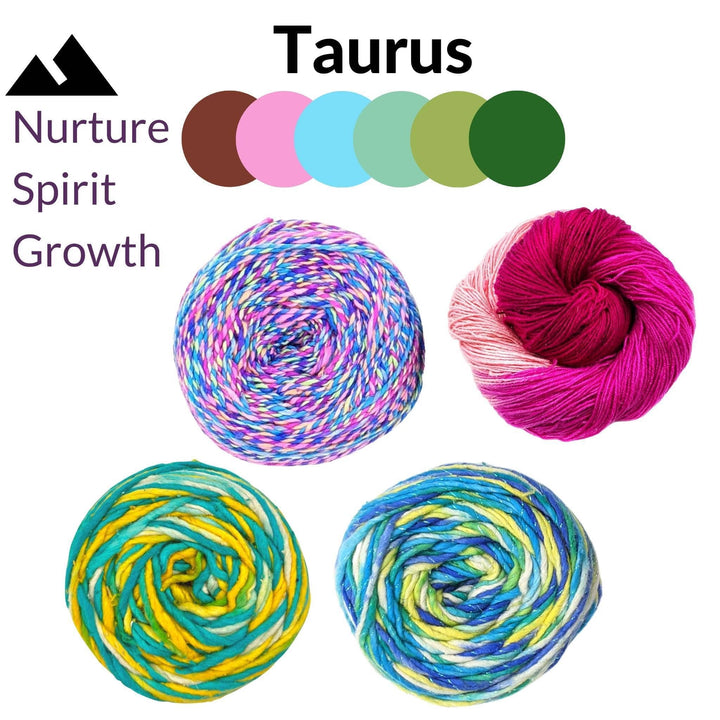 Taurus zodiac pack in front of a white background. Zodiac name and color pallet at top center, symbol and attributes at top left. 4 skeins of yarn: Sparkle Worsted weight silk yarn stars in the night sky, silk roving worsted weight ocean light, and darn good twist blue fancy flamingo, Recycled Ombre Yarn Pink