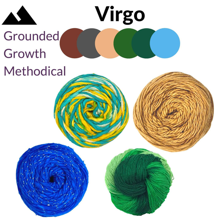 Virgo zodiac pack in front of a white background. Zodiac name and color pallet at top center, symbol and attributes at top left. 4 skeins of yarn: Ombre sport weight green, DK Herbal Dyed Yarn Indian Kino, sparkle worsted weight silk classic blue and silk roving worsted weight ocean light